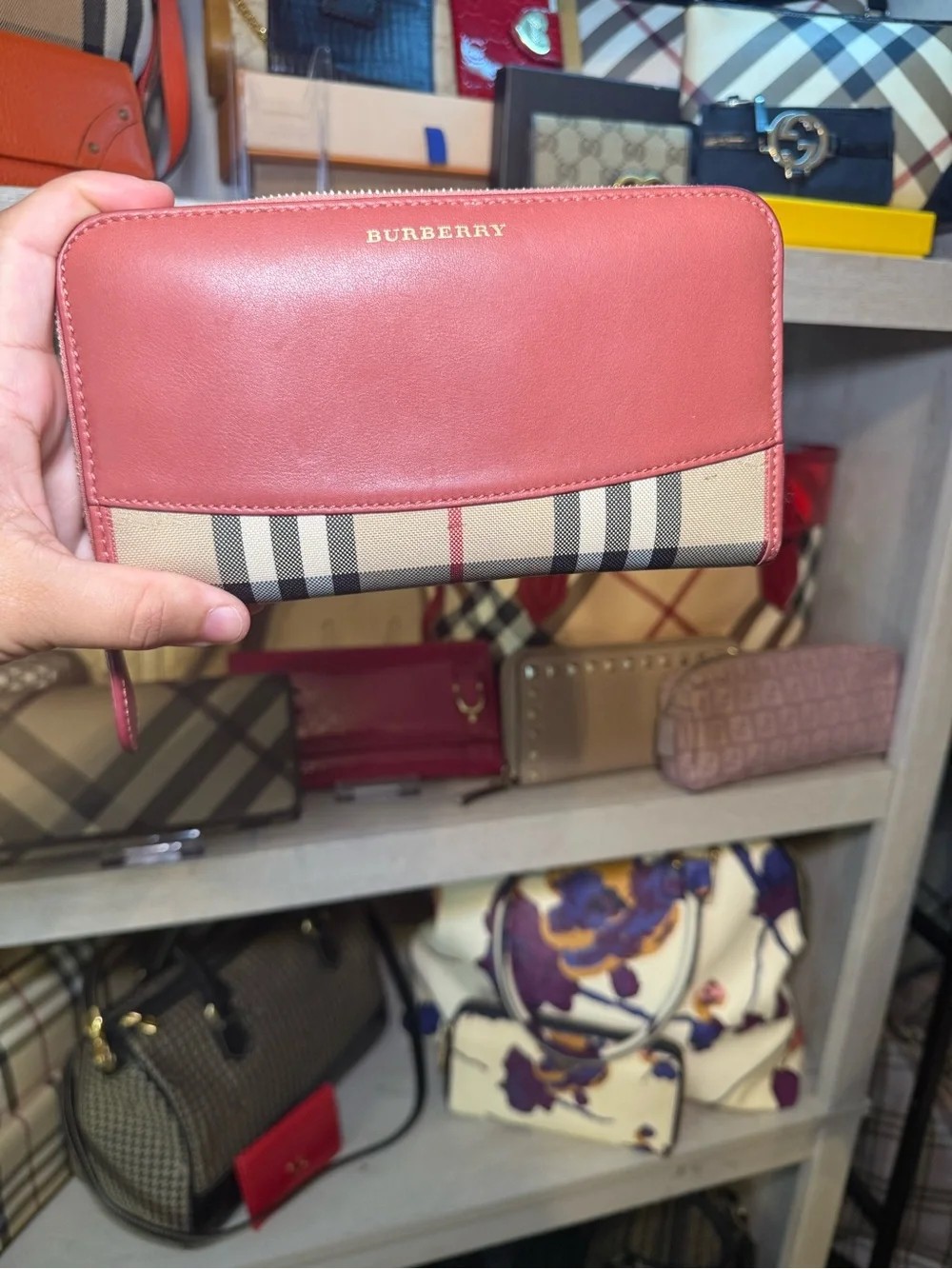 Burberry Pink Leather & Vintage Check Zip Wallet